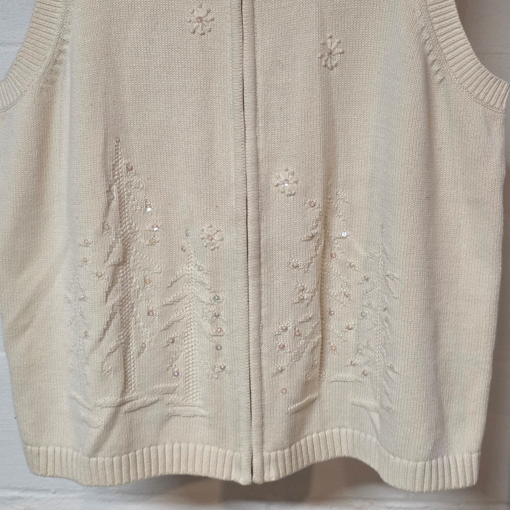 CJ Banks Ivory Knit Zip Vest Winter Tree Snowflake Sequin Hand Embroider Plus 1X - Picture 7 of 14